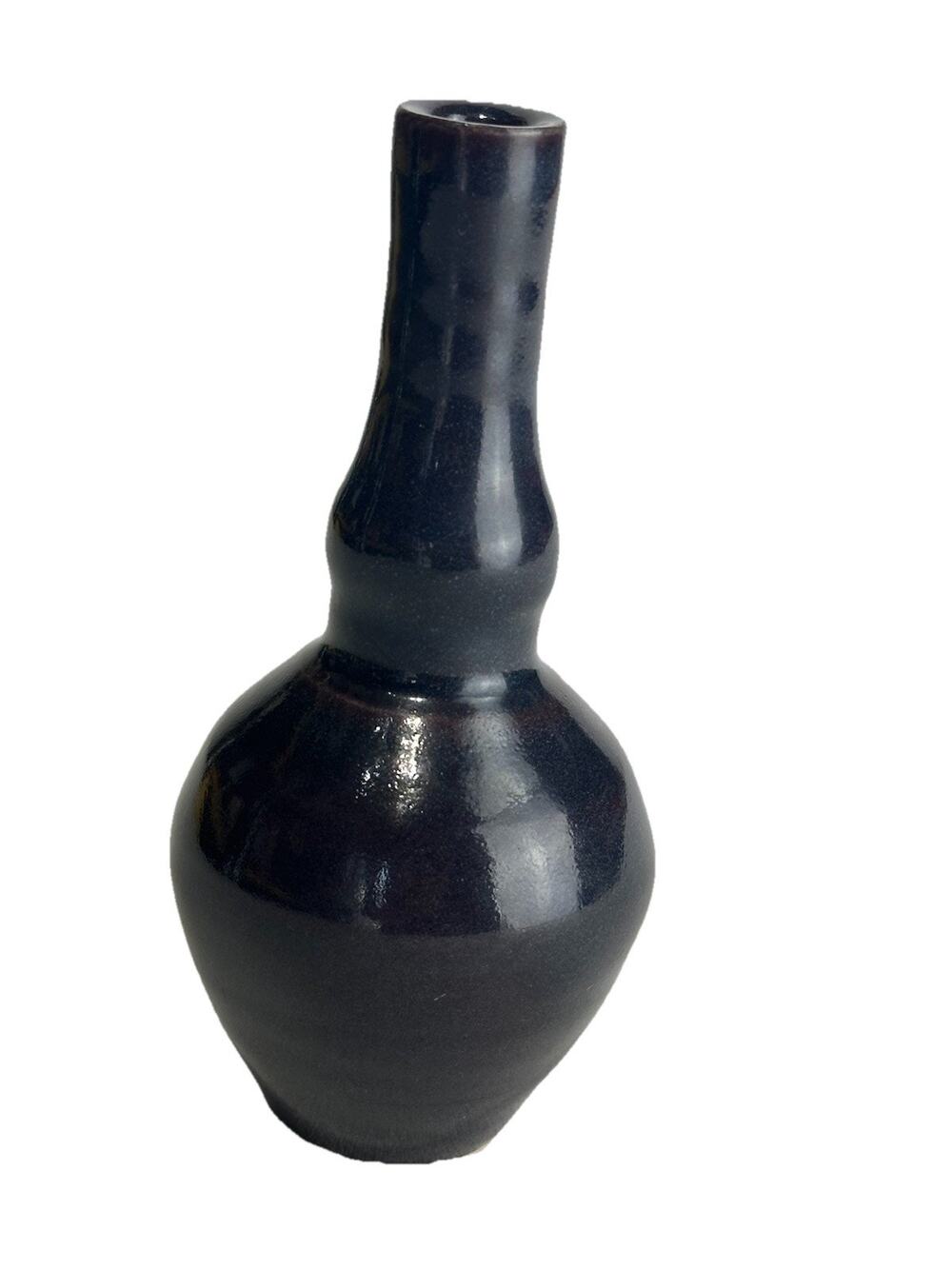 Vintage Signed FR Studio Pottery Vase Black Glaze Mid Century Modern Bud Vase 7"